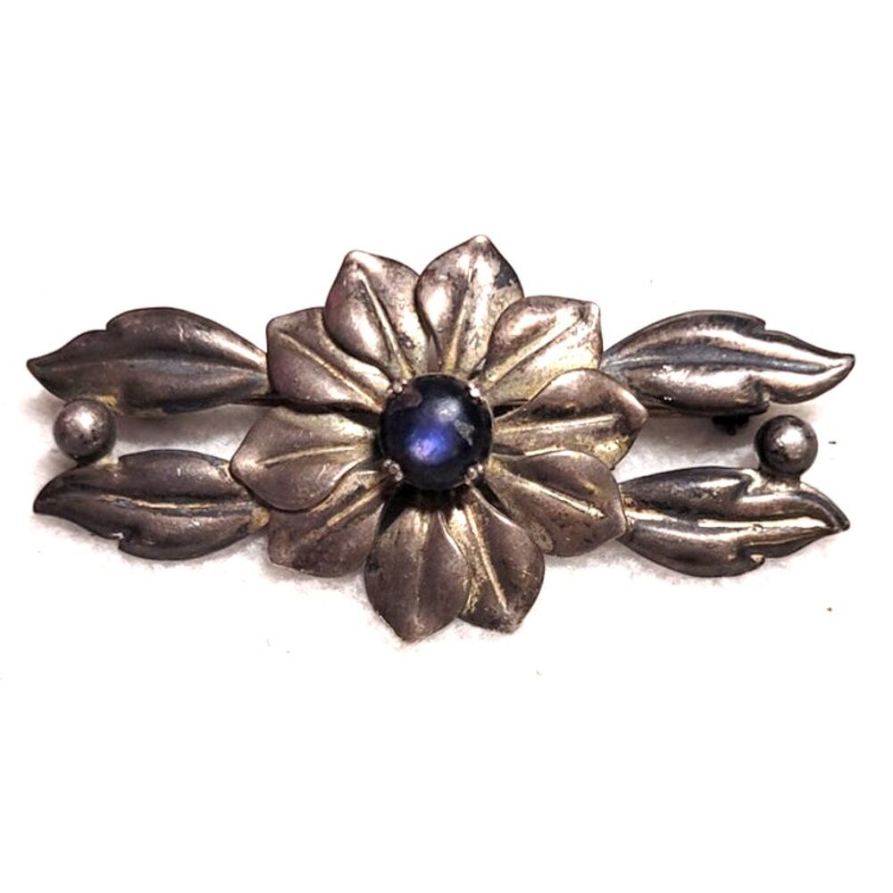 Vintage Sterling Silver Floral Leaf Brooch Pin Blue Stone Tested .925 Unmarked